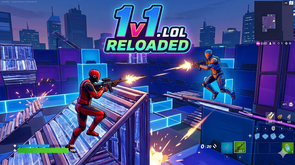 1v1.LOL gameplay showing building and shooting combat