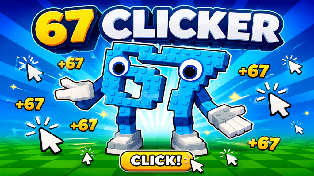 67 Clicker Tap Tap gameplay screenshot with rapid clicking mechanics, upgrade menu, score counter, and colorful idle clicker interface