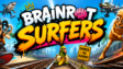 Brainrot Surfers banner featuring funny cartoon surfers riding boards through a colorful tropical city with graffiti-style text, fast action scenes, trains, palm trees, and chaotic meme-inspired characters