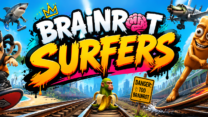 Brainrot Surfers banner featuring funny cartoon surfers riding boards through a colorful tropical city with graffiti-style text, fast action scenes, trains, palm trees, and chaotic meme-inspired characters