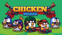 Chicken Merge gameplay showing armed chickens defending against waves of enemies in a colorful merge and tower defense battle