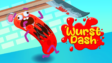 Cartoon sausage running through kitchen obstacles in a fast-paced arcade game.