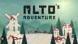 Alto's Adventure gameplay showing a snowboarder gliding across snowy mountains, performing tricks, collecting coins, and exploring scenic landscapes.