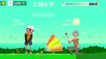 Golf Orbit gameplay showing a high-powered golf ball launch toward a distant hole on a stylized 3D course