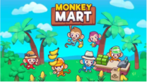 Monkey Mart gameplay featuring a busy monkey character managing a vibrant grocery store with shelves stocked full of fresh fruit and customers waiting in a queue in a colorful browser simulation game