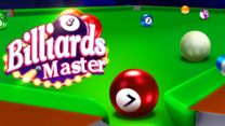 A green pool table with colorful numbered billiard balls and a cue stick aligned for a shot
