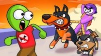 Dogs vs Aliens gameplay showing cute dogs defending against alien attackers