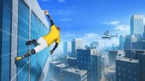 Rooftop Run gameplay featuring a character jumping across city buildings