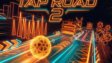 A glowing sphere rolling down a futuristic neon road against a dark background