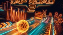 A glowing sphere rolling down a futuristic neon road against a dark background