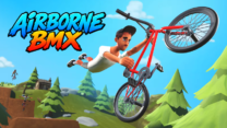 A BMX rider performing a high backflip over a massive dirt kicker ramp in Airborne BMX