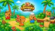 A cute capybara carrying stacked produce crates in a colorful grocery market in Capybara Mart