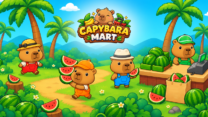 A cute capybara carrying stacked produce crates in a colorful grocery market in Capybara Mart