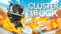 A player jumping across a convoy of crashing semi-trucks on a highway in ClusterTruck