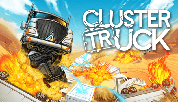 A player jumping across a convoy of crashing semi-trucks on a highway in ClusterTruck