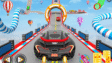 A yellow sports car launching off a giant sky ramp in Crazy Stunts 3D
