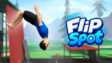 An acrobat performing a mid-air backflip toward a target pad in Flip Spot