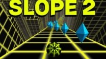A glowing neon ball rolling down a steep 3D platform track in Slope 2