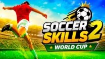 A soccer player aiming a powerful strike toward the goal in Soccer Skills 2 World Cup