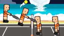 Two ragdoll tennis players jumping near the net in Tennis Physics