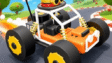 A miniature red toy sports car launching off a wooden kitchen table ramp in Toy Cars: Crazy Racing 3D