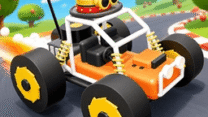 A miniature red toy sports car launching off a wooden kitchen table ramp in Toy Cars: Crazy Racing 3D