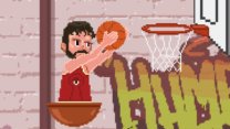 A ragdoll basketball player soaring mid-air to slam dunk a basketball into the hoop in Basket Slam Dunk 2