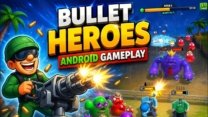 A top-down hero firing glowing bullet streams at approaching enemy squads in Bullet Heroes