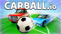 A rocket car hitting a giant soccer ball in mid-air inside a CarBall.io arena