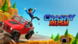 A red sports car weaving past commuter trucks on a multi-lane highway in Crashy Rush