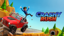 A red sports car weaving past commuter trucks on a multi-lane highway in Crashy Rush