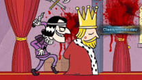 An assassin tiptoeing behind a king with a raised dagger in Murder