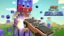 A voxel stunt car launching off a massive ramp into a target structure in Nubic Stunt Car Crasher