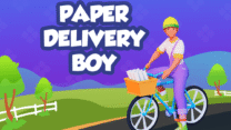 A paper delivery boy on a bicycle tossing a newspaper toward a suburban mailbox