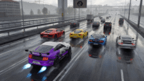 A sleek red supercar overtaking civilian traffic on a sunny highway in Racing Go