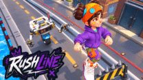 A glowing neon line navigating through a geometric obstacle maze in Rush Line