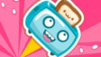 A cute toaster launching a slice of toast across a kitchen puzzle room in Toaster Dash