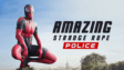 A rope superhero character swinging between high-rise city skyscrapers in Amazing Strange Rope Police