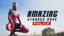A rope superhero character swinging between high-rise city skyscrapers in Amazing Strange Rope Police