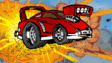A customized stunt car soaring mid-air over explosive barrels off a ramp in Awesome Cars