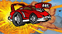 A customized stunt car soaring mid-air over explosive barrels off a ramp in Awesome Cars