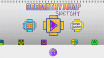A pencil-sketched cube leaping over sharp drawn spikes on a graph-paper background in Geometry Jump Sketchy