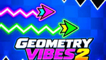 A brightly glowing geometric icon leaping over triangular hazards on a rhythm course in Geometry Vibes 2