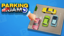 A red car maneuvering out of a jammed parking lot surrounded by colorful trucks in Jamming Car Escape