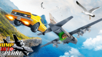 A sports car launching off a giant ramp toward an open cargo airplane door in Jump In To The Plane