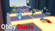 Two blocky avatars racing on floating neon parkour platforms in Obby: Duelists Online