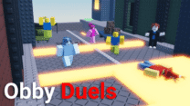 Two blocky avatars racing on floating neon parkour platforms in Obby: Duelists Online
