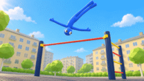 A stickman gymnast swinging around a high horizontal bar in Pull-up Tricks