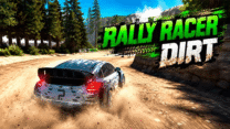 A customized rally car sliding sideways through a muddy gravel turn in Rally Racer Dirt