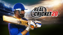 A cricket batsman executing a lofted cover drive under stadium floodlights in Real Cricket
